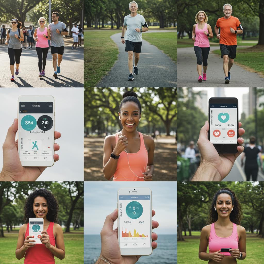 걷기 습관이 스마트 기기와 연결되어 건강 관리가 데이터와 동기 부여로 확장되는 현대적 모습