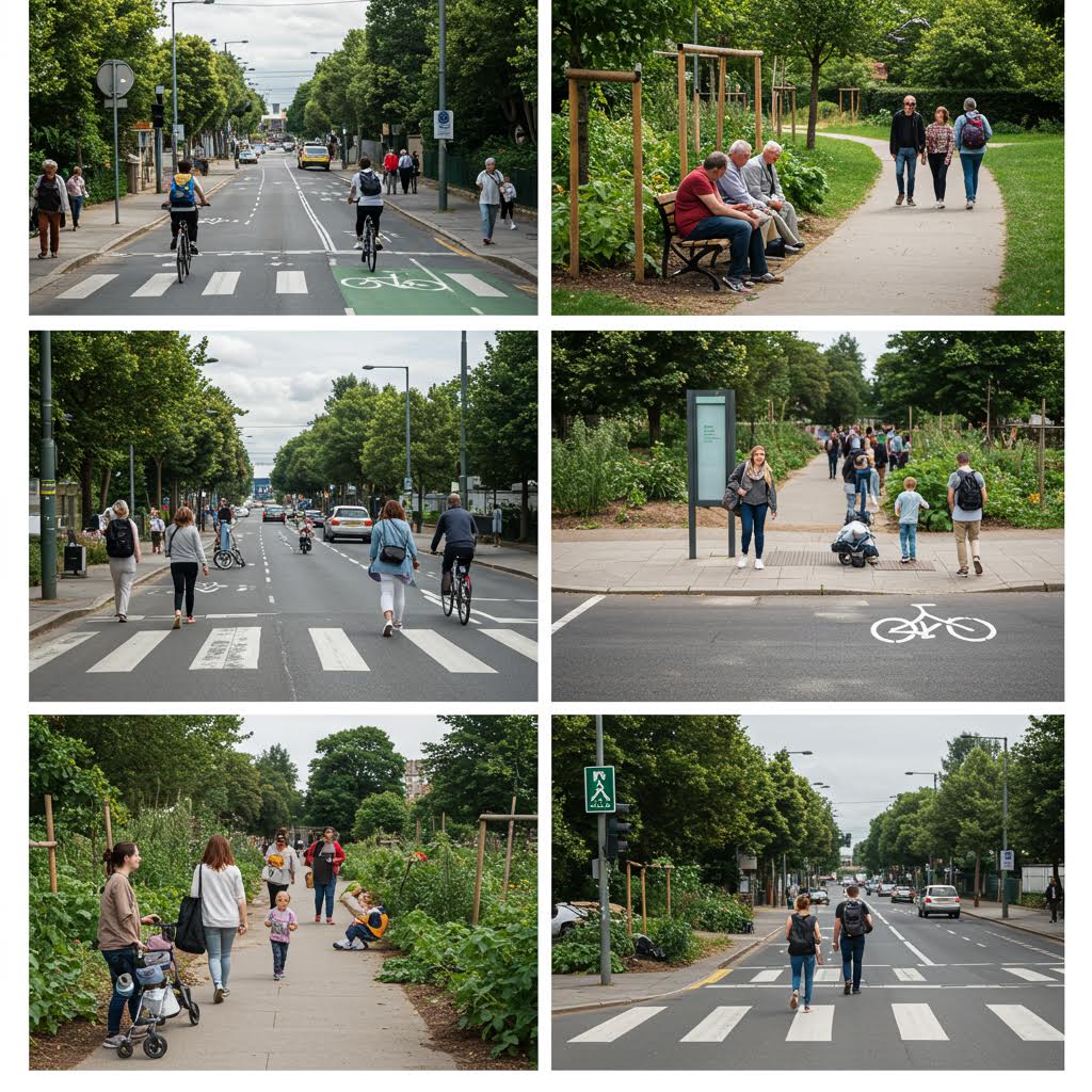 도시 공간 속에서 사람들이 걷기를 실천하며 안전하고 지속 가능한 건강 환경을 만드는 협력의 모습