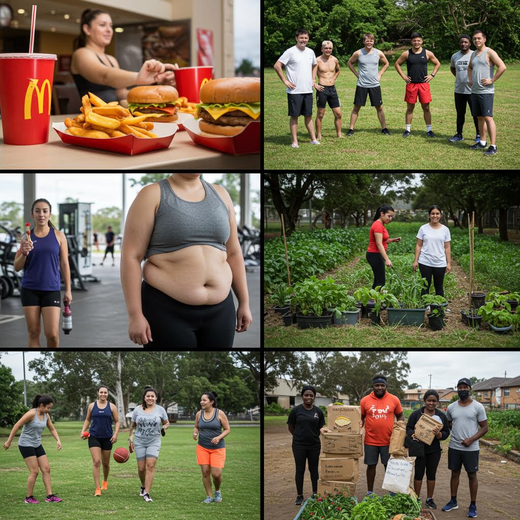 패스트푸드와 운동, 공동체 농장이 대비되며 생활 방식의 선택이 건강과 연결되는 장면