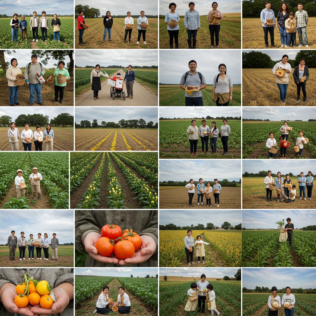 넓은 밭에서 작물과 함께 선 농민들의 모습이 지속 가능한 농업과 공동체의 가치를 드러내는 풍경