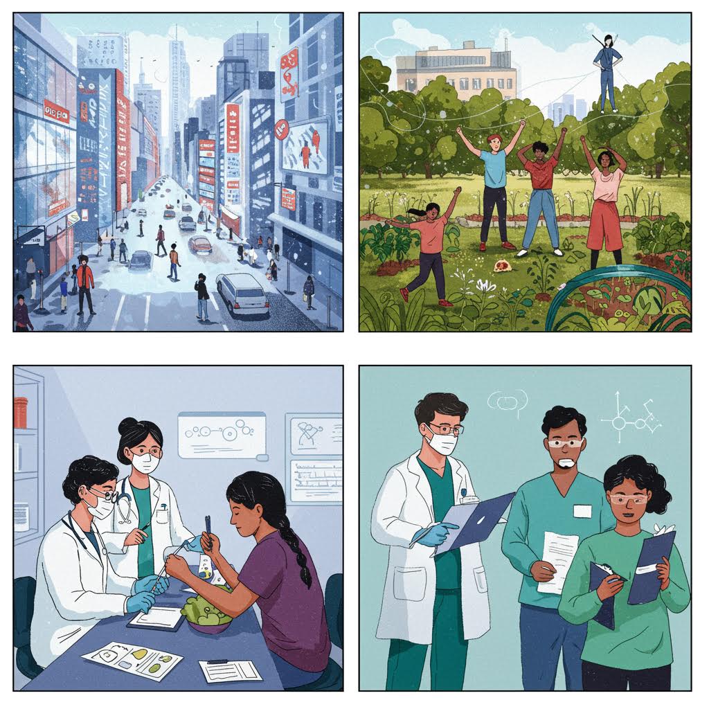 도시 거리와 연구실, 그리고 야외 활동 속에서 사람들이 협력하며 국제적 예방 캠페인의 흐름을 보여주는 장면