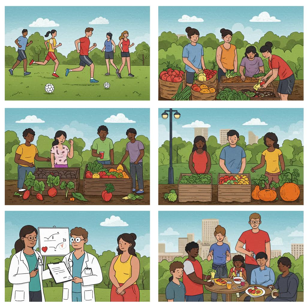 공원에서 운동하고 텃밭을 가꾸며 함께 식사를 나누는 장면이 공동체적 건강 모델을 드러내는 모습