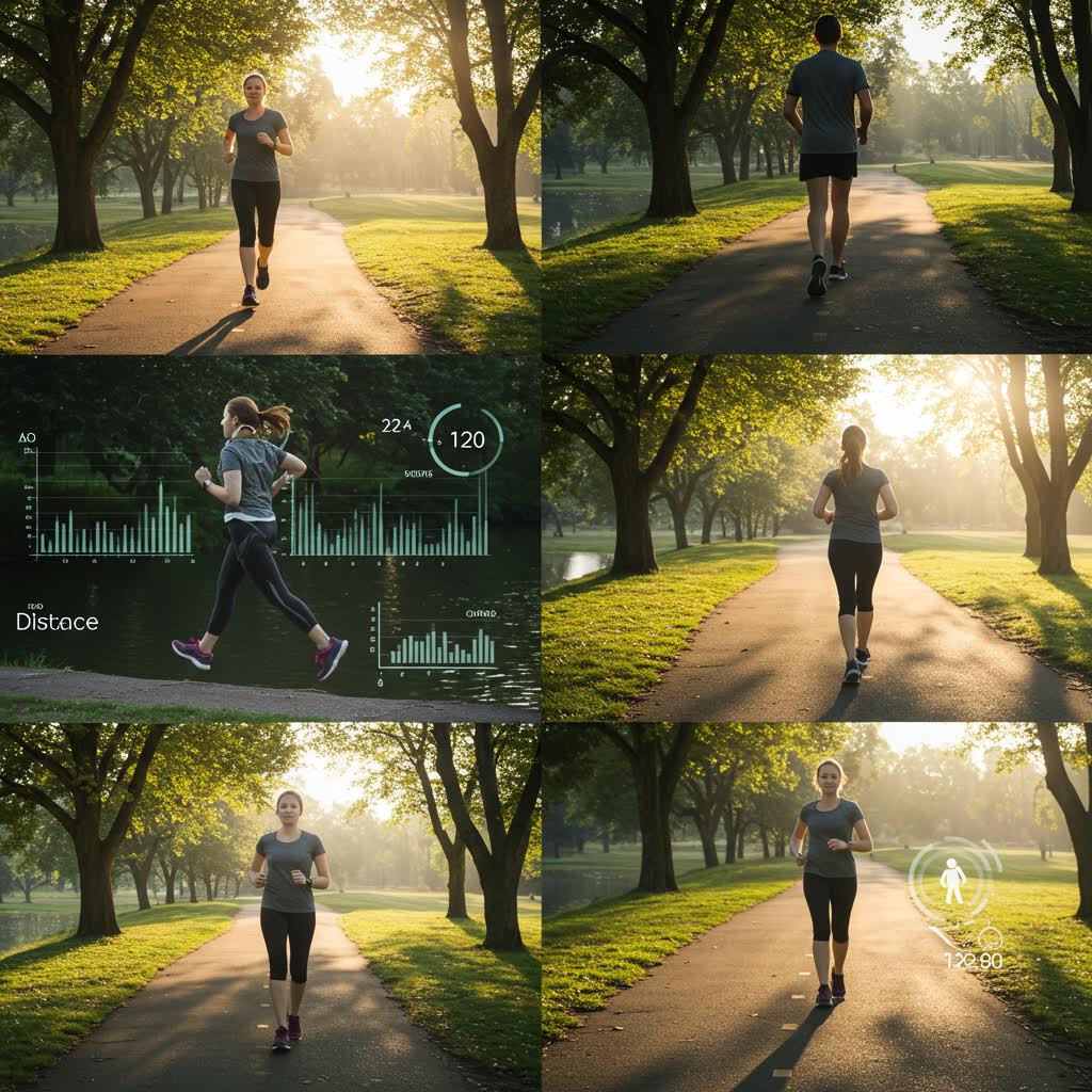 6개의 운동 관련 이미지 그리드. 손목의 피트니스 트래커, 공원에서 스트레칭, 조깅, 스마트폰의 운동 앱 화면, 러닝 중인 다리, 함께 달리는 그룹 등 디지털 피트니스와 실제 운동이 결합된 장면들이다.