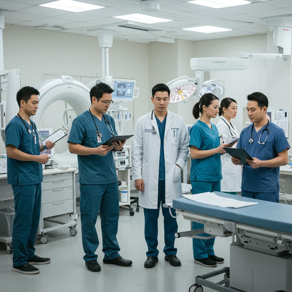 병원 복도에서 의료진 그룹이 환자 침대 주변에 모여 회의하는 장면. 청록색 수술복을 입은 의료진들과 흰 가운을 입은 의사가 함께 서 있으며, 밝은 조명의 현대적인 병원 환경이다.
