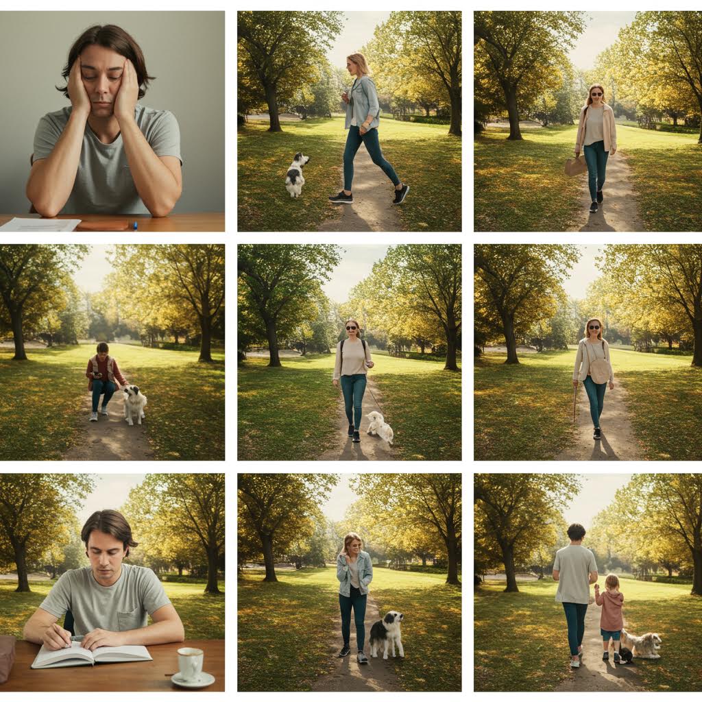 2개의 이미지로 구성된 세트. 왼쪽에는 공원에서 함께 조깅하는 그룹이 있고, 오른쪽에는 스마트폰에 표시된 운동 추적 앱의 지도와 통계 화면이 클로즈업되어 있다.