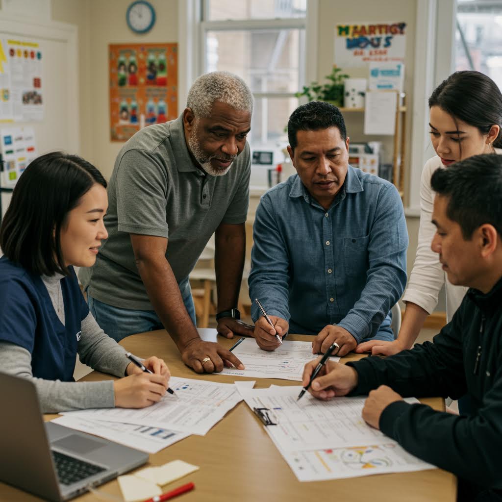 사무실이나 작업 공간에서 여러 명이 테이블에 둘러앉아 문서를 검토하고 협업하는 장면. 벽에는 다양한 포스터들이 붙어 있고, 밝은 자연광이 들어오는 협업 환경이다.