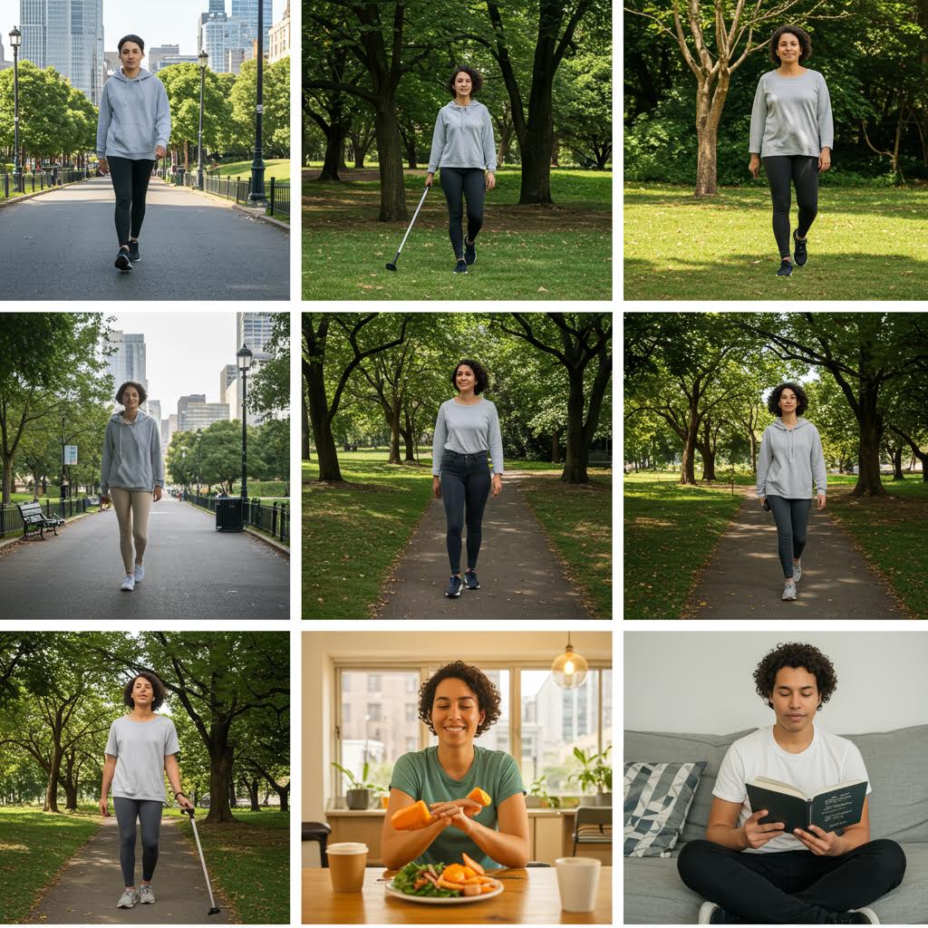 9개의 도시와 자연에서의 운동 장면 그리드. 러닝머신이 늘어선 체육관, 미래형 홀로그램 피트니스 디스플레이, 그룹 운동 클래스, 체육관 내부 시설 등 현대적인 운동 환경들이 담겨 있다.