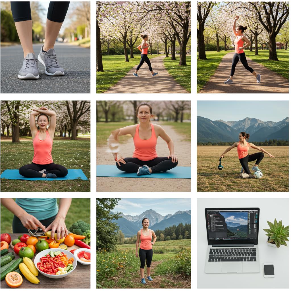 9개의 운동과 건강 관리를 보여주는 이미지 그리드. 공원에서 신발 끈 묶기, 스트레칭, 조깅, 요가, 산에서 운동, 건강한 음식, 야외 운동, 노트북으로 운동 정보 확인 등 다양한 건강 활동들이 담겨 있다.