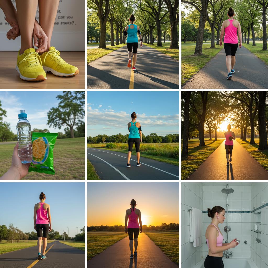 9개의 야외 운동 활동을 담은 이미지 그리드. 다양한 연령대의 사람들이 공원에서 운동복을 입고 걷기, 조깅, 스트레칭하는 모습들이 햇빛 가득한 자연 환경에서 촬영되어 있다.