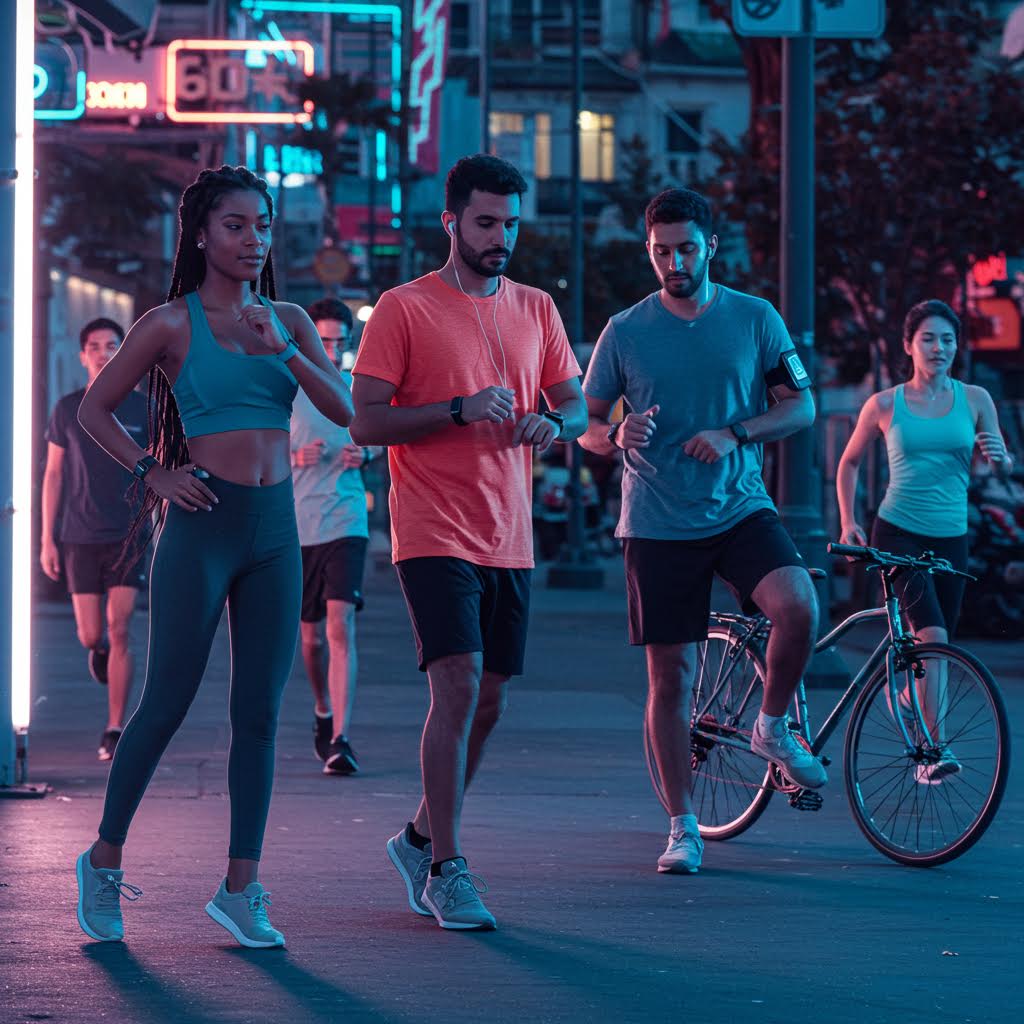 저녁 시간 도시 거리에서 여러 명이 운동복을 입고 조깅하는 모습. 분홍색과 청록색 조명이 비치는 도시 배경에 자전거를 탄 사람도 보이며, 활기찬 도심 운동 문화를 보여주고 있다.