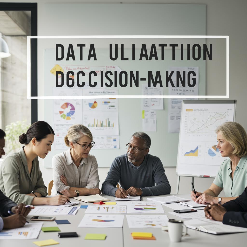 회의 테이블에 앉아 있는 다양한 사람들. 벽에 'DATA ULIAATTIIION DØCCISION-MAKNG' 텍스트가 보이며, 테이블 위에는 문서와 노트북이 놓여 있는 비즈니스 미팅 장면이다.