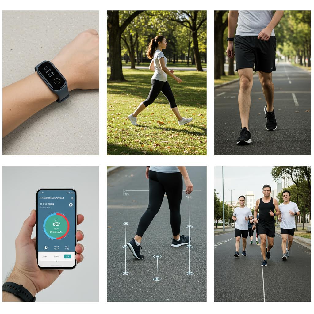 4개의 공원에서 조깅하는 사람들의 이미지. 나무 사이로 햇빛이 비치는 길에서 러너들이 달리고 있으며, 일부 이미지에는 운동 앱 인터페이스가 오버레이되어 디지털 트래킹을 보여주고 있다.