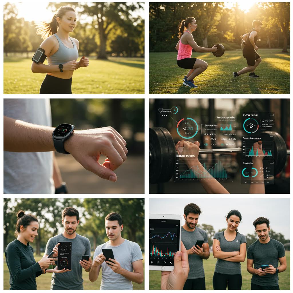 6개의 운동과 건강한 라이프스타일을 보여주는 이미지 그리드. 공원에서 달리기, 일몰을 배경으로 요가하기, 손목의 스마트워치, 디지털 피트니스 앱, 그룹 운동, 친구들과 함께 운동하는 장면들이 포함되어 있다.