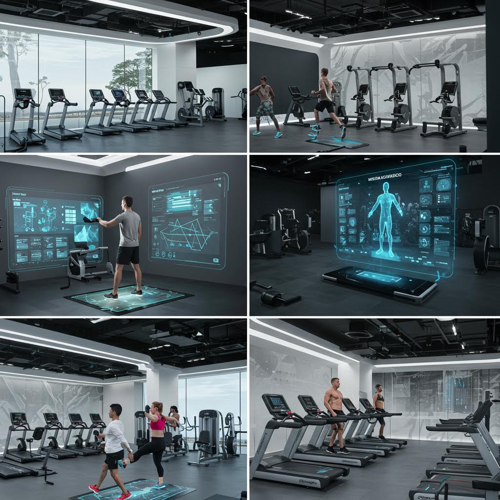 9개의 야외 건강 활동을 담은 이미지 그리드. 다양한 연령대의 사람들이 공원에서 운동하고, 휴대폰을 확인하며, 스트레칭하고, 반려견과 함께 활동하는 등 일상적인 건강 관리 장면들이 포함되어 있다.