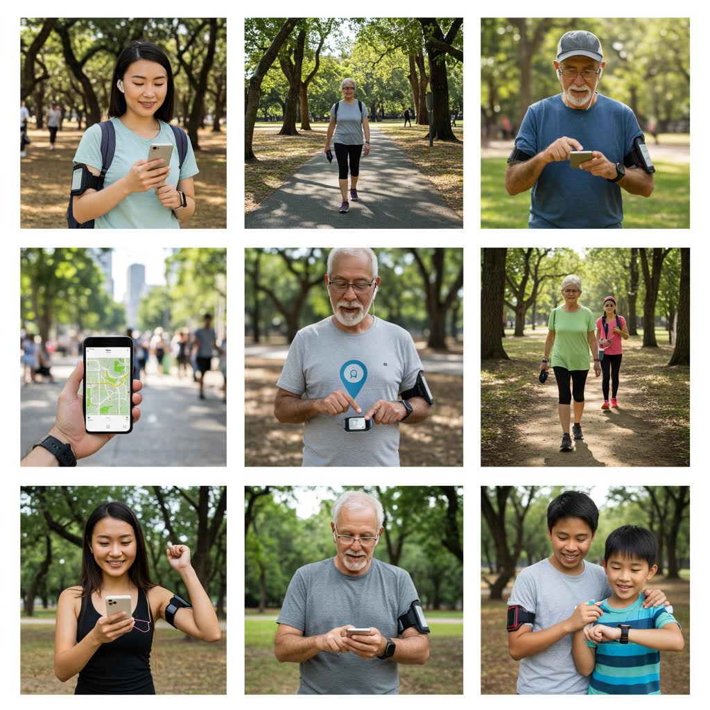 9개의 다양한 연령대 사람들의 운동 활동 이미지 그리드. 공원에서 휴대폰 통화, 조깅, 요가, 명상, 식사, 반려견 산책 등 건강한 라이프스타일의 여러 측면을 보여주고 있다.