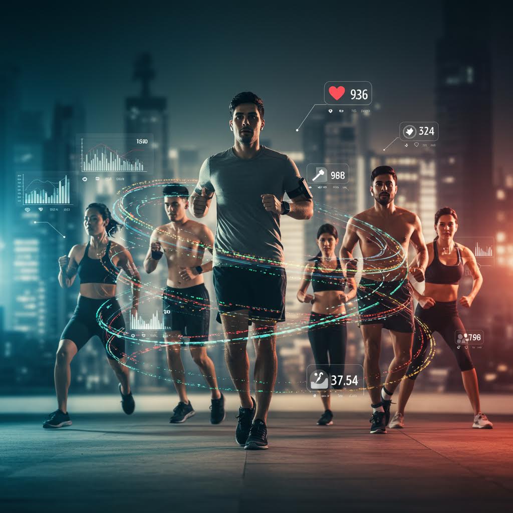 어두운 배경에 여러 명의 사람들이 달리는 모습. 중앙의 남성을 중심으로 양옆에 다른 러너들이 배치되어 있으며, 뒤쪽으로 도시의 건물들이 보이고 오렌지색 빛이 강조되어 역동적인 분위기를 연출하고 있다.