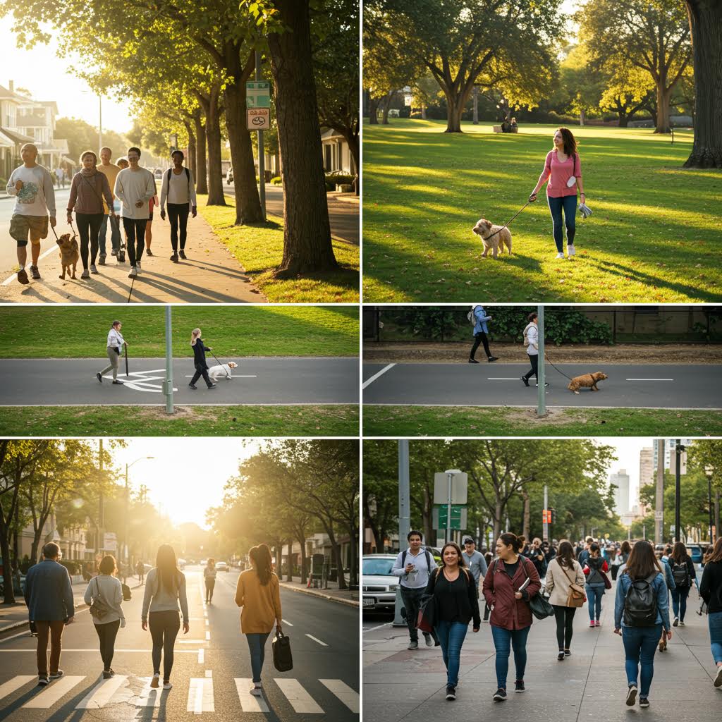 6개의 운동과 건강한 라이프스타일을 보여주는 이미지 그리드. 공원에서 달리기, 일몰을 배경으로 요가하기, 손목의 스마트워치, 디지털 피트니스 앱, 그룹 운동, 친구들과 함께 운동하는 장면들이 포함되어 있다.