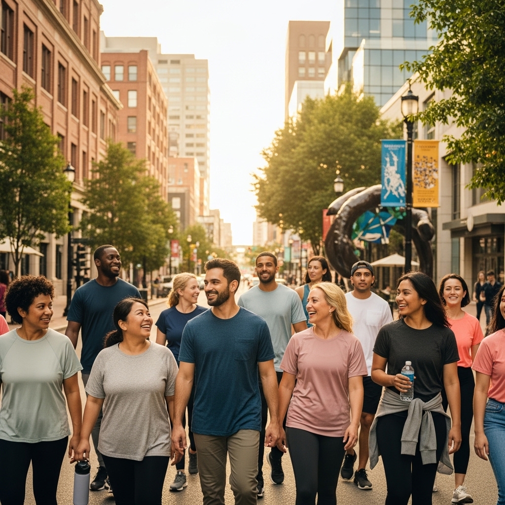 도심 거리에서 사람들이 함께 걸으며 일상의 에너지를 나누고 새로운 사회적 연결을 만들어가는 따뜻한 순간