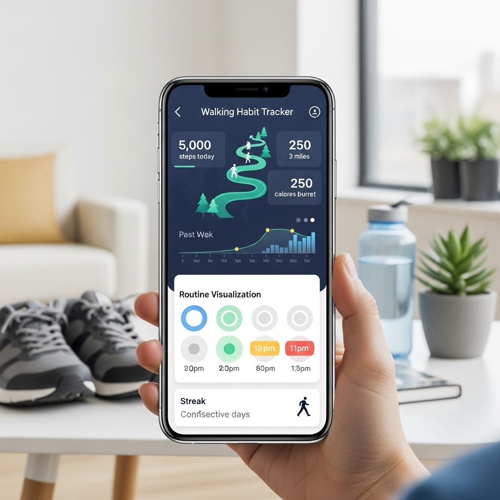 손에 든 스마트폰 화면에 걸음 수와 운동 통계가 나타나며 개인의 건강 활동이 시각적으로 기록되는 모습