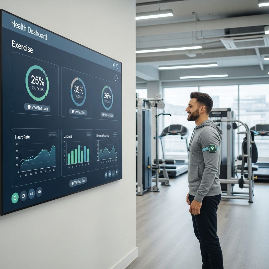 피트니스 센터에서 트레이너가 대형 화면을 통해 데이터를 확인하며 체계적인 건강 관리가 이루어지는 순간