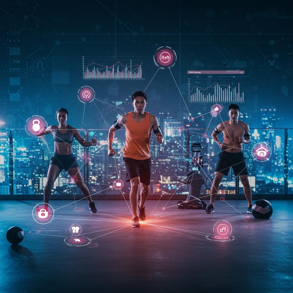 도시 야경을 배경으로 운동 중인 사람들이 실시간 생체 데이터를 서로 공유하는 구조가 시각화된 장면