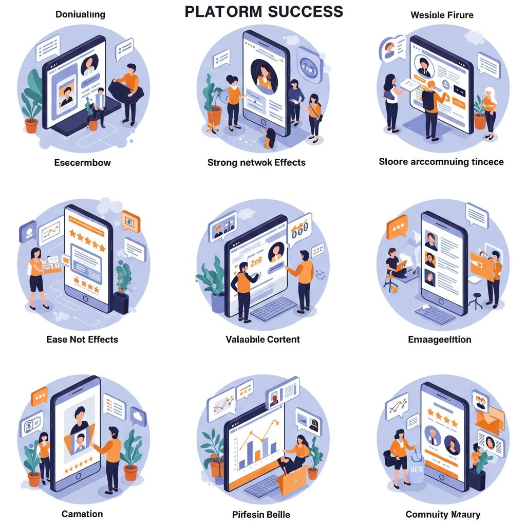여러 장면의 일러스트를 통해 플랫폼 성장 과정의 주요 요소들이 도식화된 구조로 제시된 구성