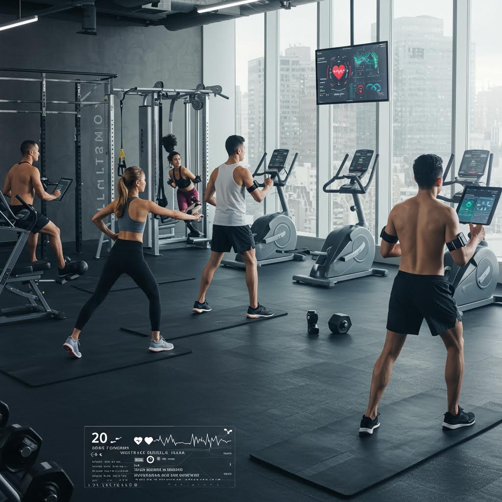 헬스장에서 여러 이용자가 운동기구와 화면의 건강 지표를 함께 확인하며 데이터 기반 운동을 실천하는 모습