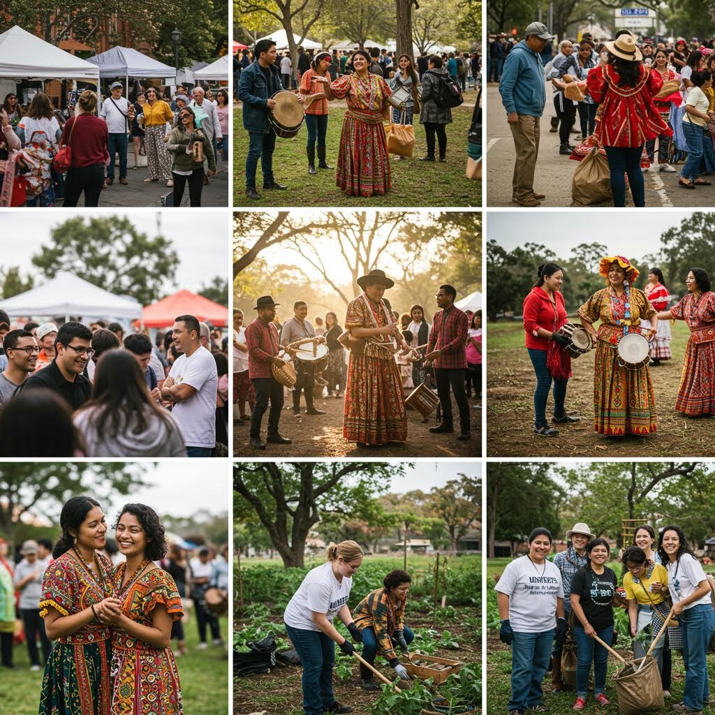 축제 현장에서 여러 사람이 전통 의상을 입고 공연과 교류를 즐기며 생동감 있는 공동체 분위기가 펼쳐지는 모습