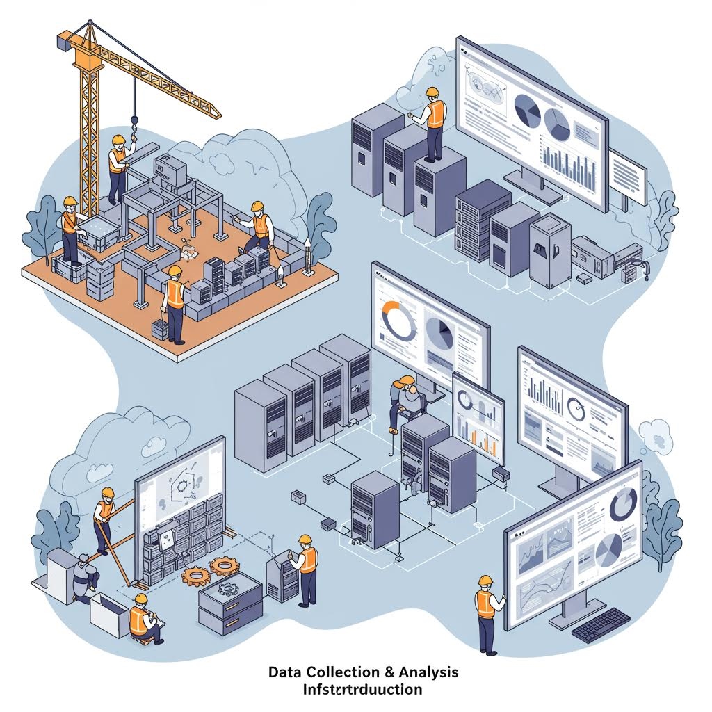 데이터 수집과 분석 과정이 단계별 장비와 작업자들로 구성되어 구조적 처리 흐름을 보여주는 구성