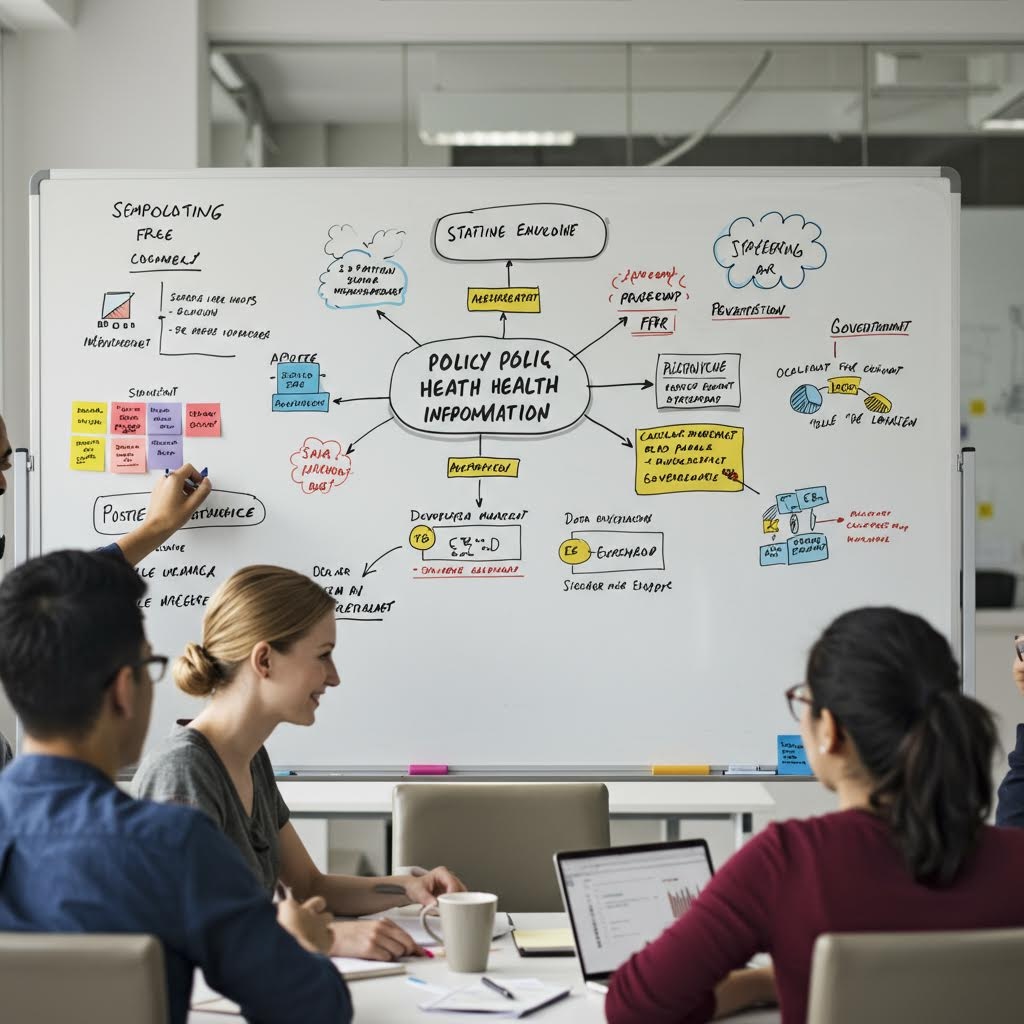 화이트보드 앞에서 팀이 아이디어 흐름을 정리하며 정책 방향을 협의하는 실무 협업의 장면