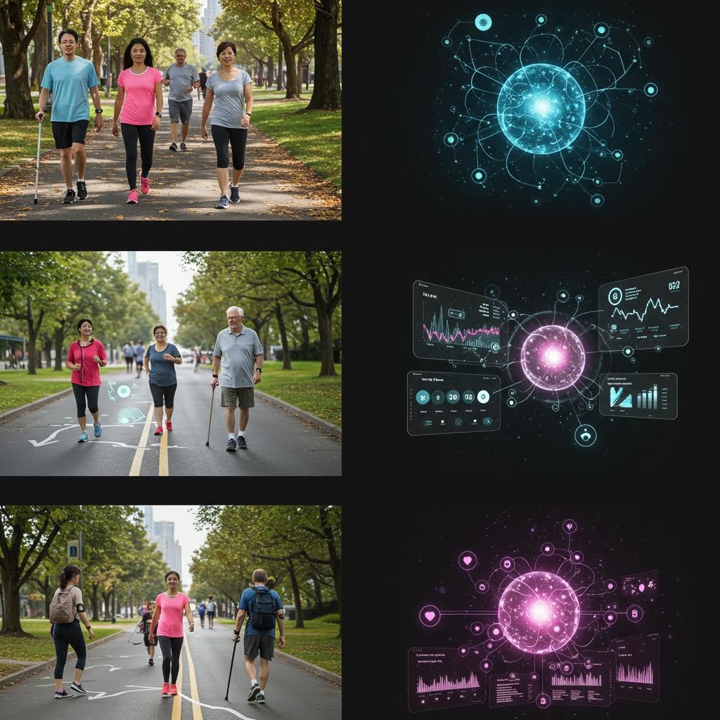 공원 산책로에서 사람들이 함께 걷는 장면과 디지털 원형 구조가 결합되어 활동 데이터 흐름을 상징적으로 나타내는 구성