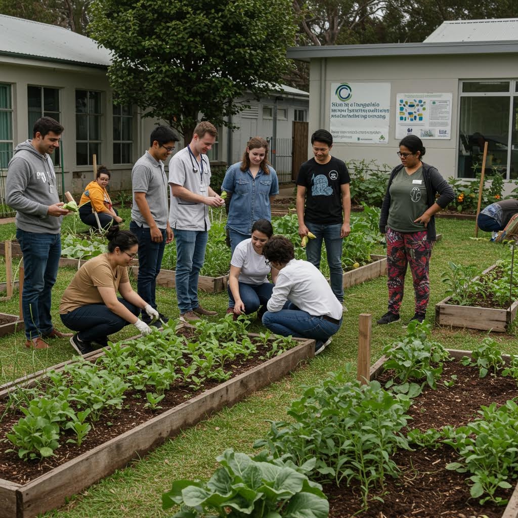 야외 텃밭에서 사람들이 작물을 관찰하고 관리하는 과정을 함께 진행하며 교육적 소통이 이뤄지는 활동 장면