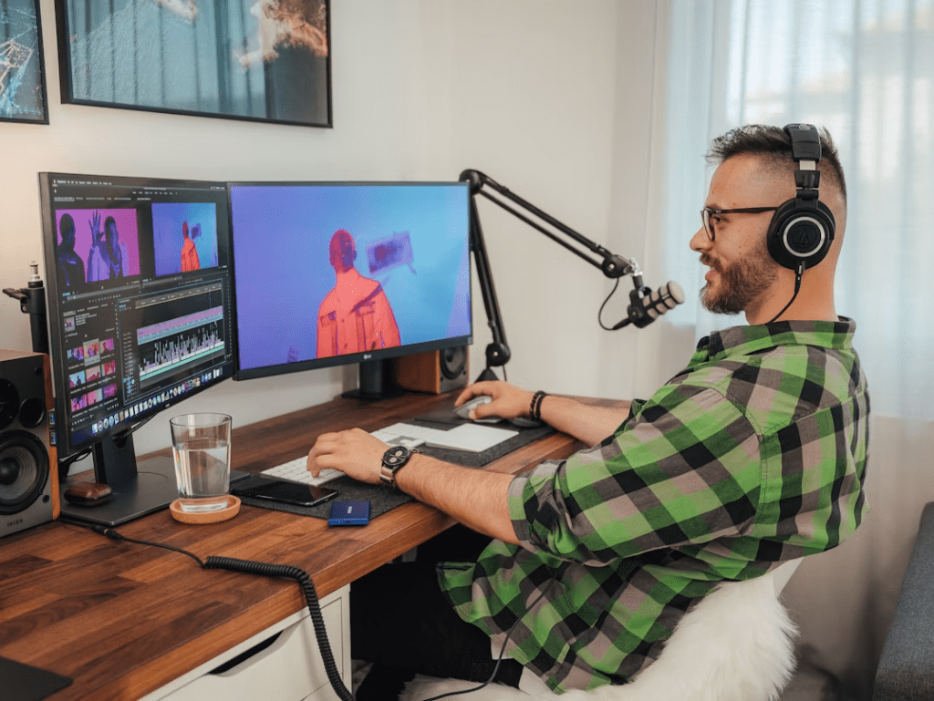 Content creator using multiple monitors during a live collaboration stream.